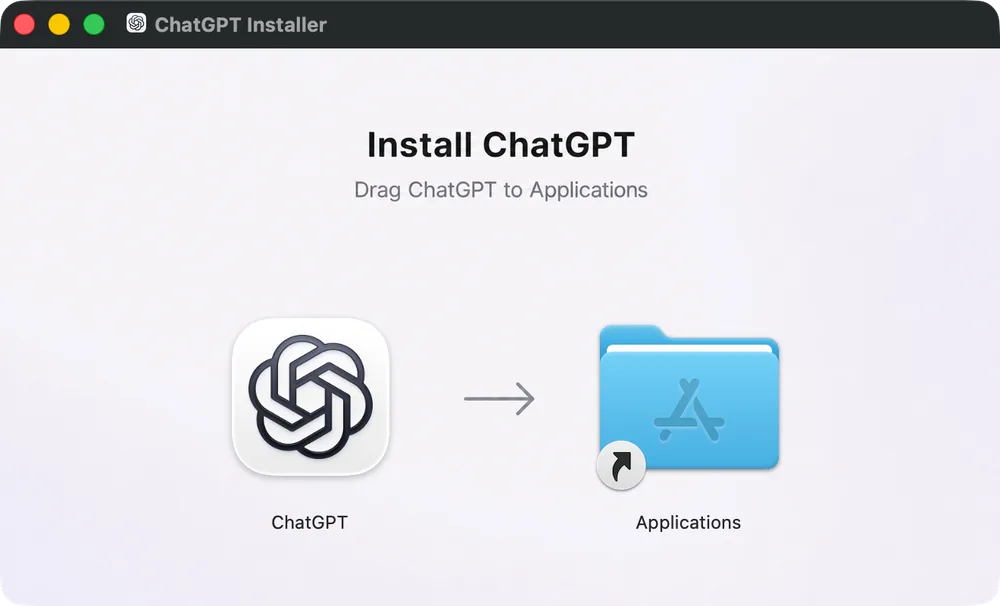 ChatGPT 설치 창: ChatGPT 아이콘을 Applications 폴더로 끌어다 놓는 화면